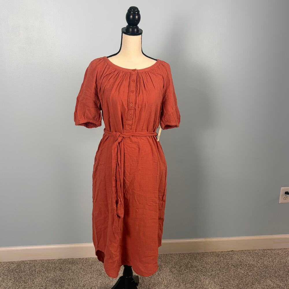 a.n.a Terracotta Gauze Midi Dress NWT Small Boho Puff Sleeve Pockets sz S - Picture 1 of 10